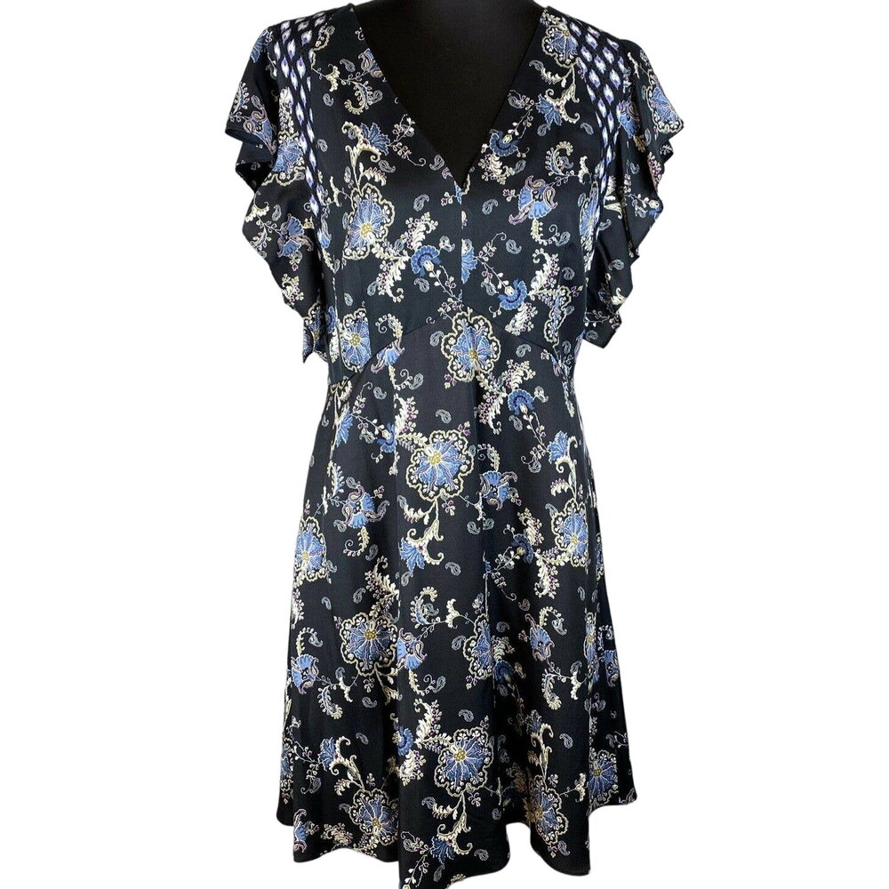 Rebecca Taylor Paisley Floral Dress 12 Black Blue Silk Short Sleeve Pocket VNeck
